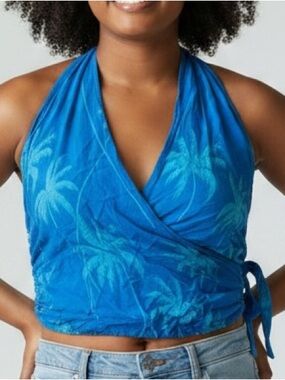 Bright Blue Palm-Print Halter Crop Top